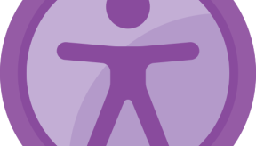 Symbole accessibilité numérique. Une personne jambes et bras écartés dans un cercle violet.