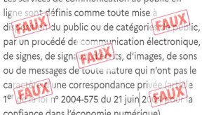 Extrait du RGAA avec citation erronée de l’article premier de la loi n° 2004-575 du 21 juin 2004 pour la confiance dans l’économie numérique. L’extrait est recouvert du tampon « FAUX »