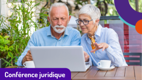 Vignette d'actualité pour une conférence juridique. Un homme et une femme d'âge mûr sont installés à la table d'une terrasse, concentrés devant l'écran d'un ordinateur portable. En bas à gauche, un bandeau violet affiche en blanc le texte : « Conférence juridique ». Le graphisme inclut des formes circulaires colorées (violet, turquoise et orange) dans le coin supérieur droit, rappelant l'identité visuelle de l'association.