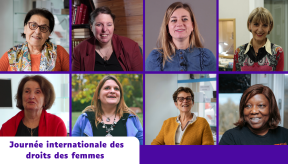 Composition de huit portraits photographiques de femmes d'âges et d'horizons variés, disposés sur deux rangées. En bas à gauche, un encadré blanc contient le texte en violet : « Journée internationale des droits des femmes ». L'ensemble célèbre la diversité des visages féminins.