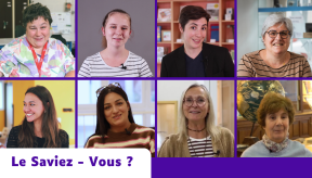 Une mosaïque composée de huit portraits de femmes disposés sur deux rangées. Les images montrent une diversité de visages, certains souriant face caméra, d'autres de profil ou dans des environnements de travail. L'ensemble est encadré par des bordures violettes. En bas à gauche, un bandeau blanc aux bords arrondis affiche l'inscription « Le Saviez - Vous ? » en lettres violettes.