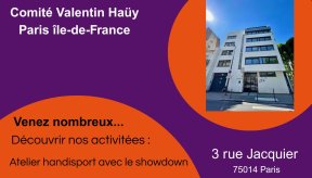 Le Comité de Paris Île-de-France de l’association Valentin Haüy organise une opération portes ouvertes au 3 rue Jacquier Paris 14e le 23, 24, 25 juin 2026 de 10h à 17h  L’équipe du comité mettra tout en œuvre pour vous présenter ses diverses activités à la fois culturelles et artistiques mais aussi de sport et de bien-être ainsi que nos missions.  Cela sera l’occasion de mieux comprendre le handicap visuel au travers de différents ateliers. (Découverte du Braille, Parcours dans le noir et technique de guida