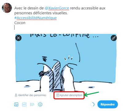 Tweet en cours de composition avec du texte, un lien et une image non encore décrite (ici un dessin de Xavier Gorce).. Twitter propose l’option « Ajouter description ».